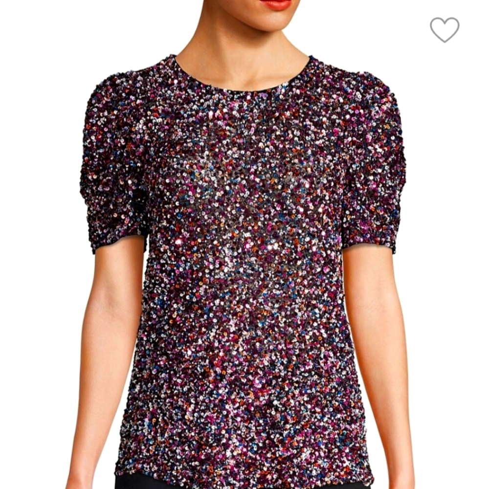 Parker Isaac Holiday Sequined short puff sleeved top lurex black. Large